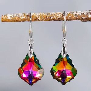 Austrian Crystal Silver Drop Dangle Colorful Baroque Leaf Earrings